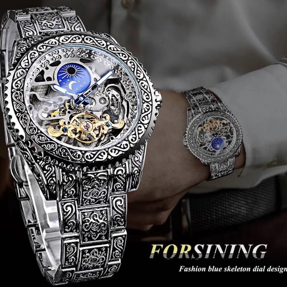 Forsining Skeleton Carved Tourbillon Mechanical Watches Moon Dial Mens Watch - Picture 10 of 11
